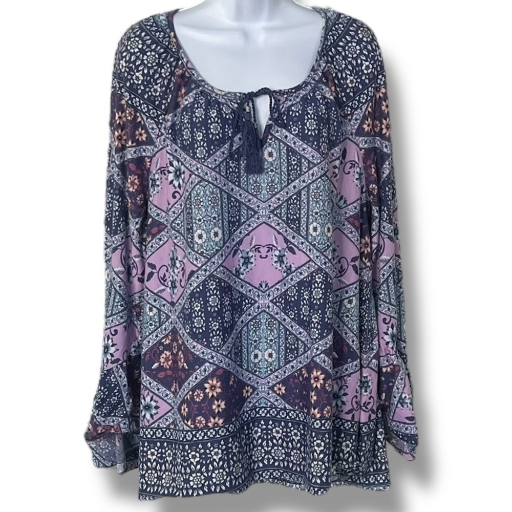 Style & Co Blouse Women’s Sz XXL Blue and Pink Floral Bohemian Tie Front Tunic